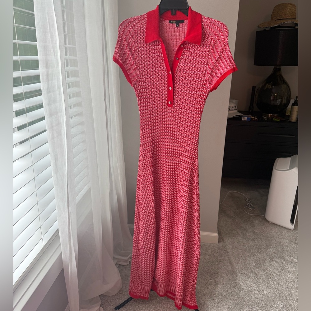 Maje Red Knit Maxi Dress with Collar